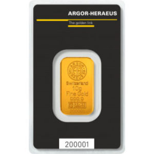 Zlatý slitek o hmotnosti 10 gramů společnosti Argor-Heraeus / přední pohled