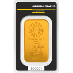 Zlatý slitek o hmotnosti 100 gramů společnosti Argor-Heraeus / přední pohled