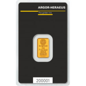 Zlatý slitek o hmotnosti 2 gramů společnosti Argor-Heraeus / přední pohled
