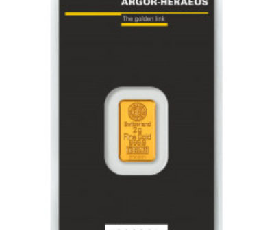 Zlatý slitek o hmotnosti 2 gramů společnosti Argor-Heraeus  / přední pohled