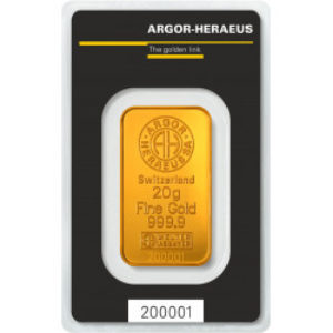 Zlatý slitek o hmotnosti 20 gramů společnosti Argor-Heraeus / přední pohled