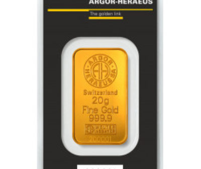 Zlatý slitek o hmotnosti 20 gramů společnosti Argor-Heraeus  / přední pohled
