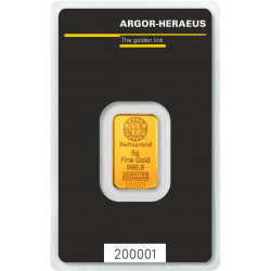 Zlatý slitek o hmotnosti 5 gramů společnosti Argor-Heraeus / přední pohled