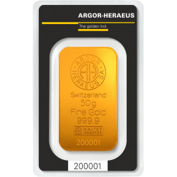 Zlatý slitek o hmotnosti 50 gramů společnosti Argor-Heraeus / Přední pohled