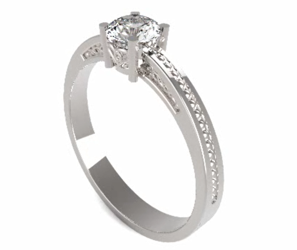 Zásnubní prsten značky FOX® 11 z bílého zlata, který je osazený jedním centrálním diamantem briliantového brusu. poloprofil