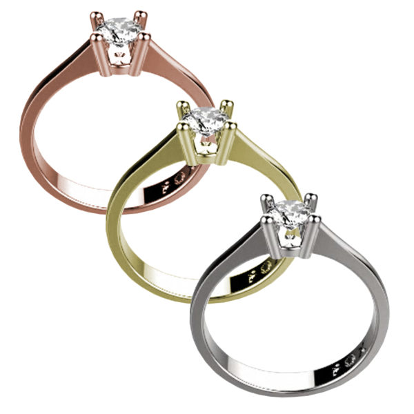 Zásnubní prsten značky FOX® 9 z bílého zlata, který je osazený jedním centrálním diamantem briliantového brusu. tři