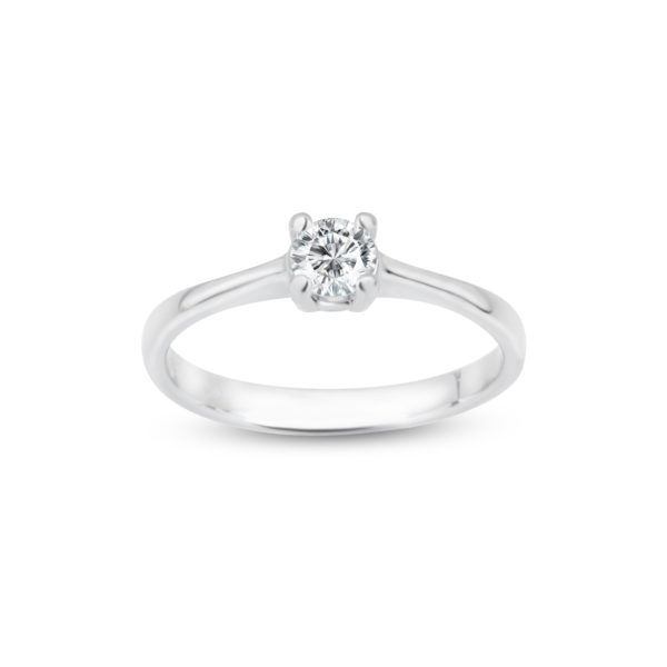 Zásnubní prsten značky FOX® 9 z bílého zlata, který je osazený jedním centrálním diamantem briliantového brusu. shora