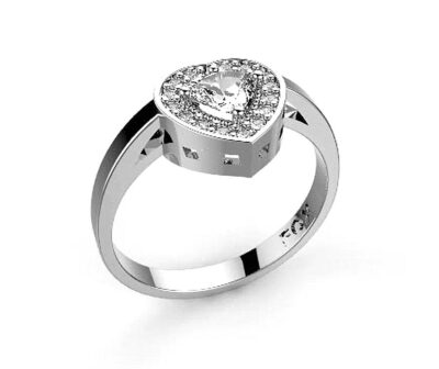 Zásnubní prsten značky FOX® 4 z bílého zlata, který je osazený jedním centrálním diamantem srdcového brusu a menšími diamanty okolo.