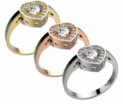 Zásnubní prsten značky FOX® 4 z bílého zlata, který je osazený jedním centrálním diamantem srdcového brusu a menšími diamanty okolo.