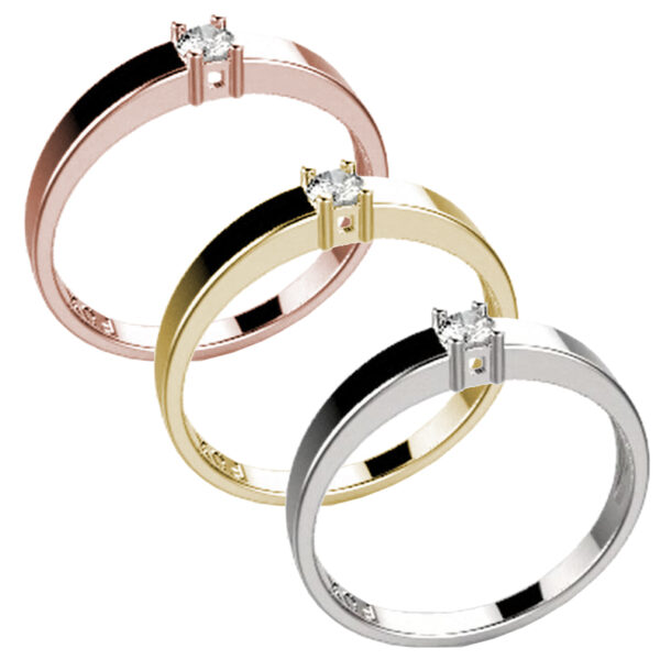 Zásnubní prsten značky FOX® 8 z růžového zlata, který je osazený jedním centrálním diamantem briliantového brusu. tři