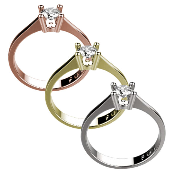 Zásnubní prsten značky FOX® 9 z růžového zlata, který je osazený jedním centrálním diamantem briliantového brusu. tři