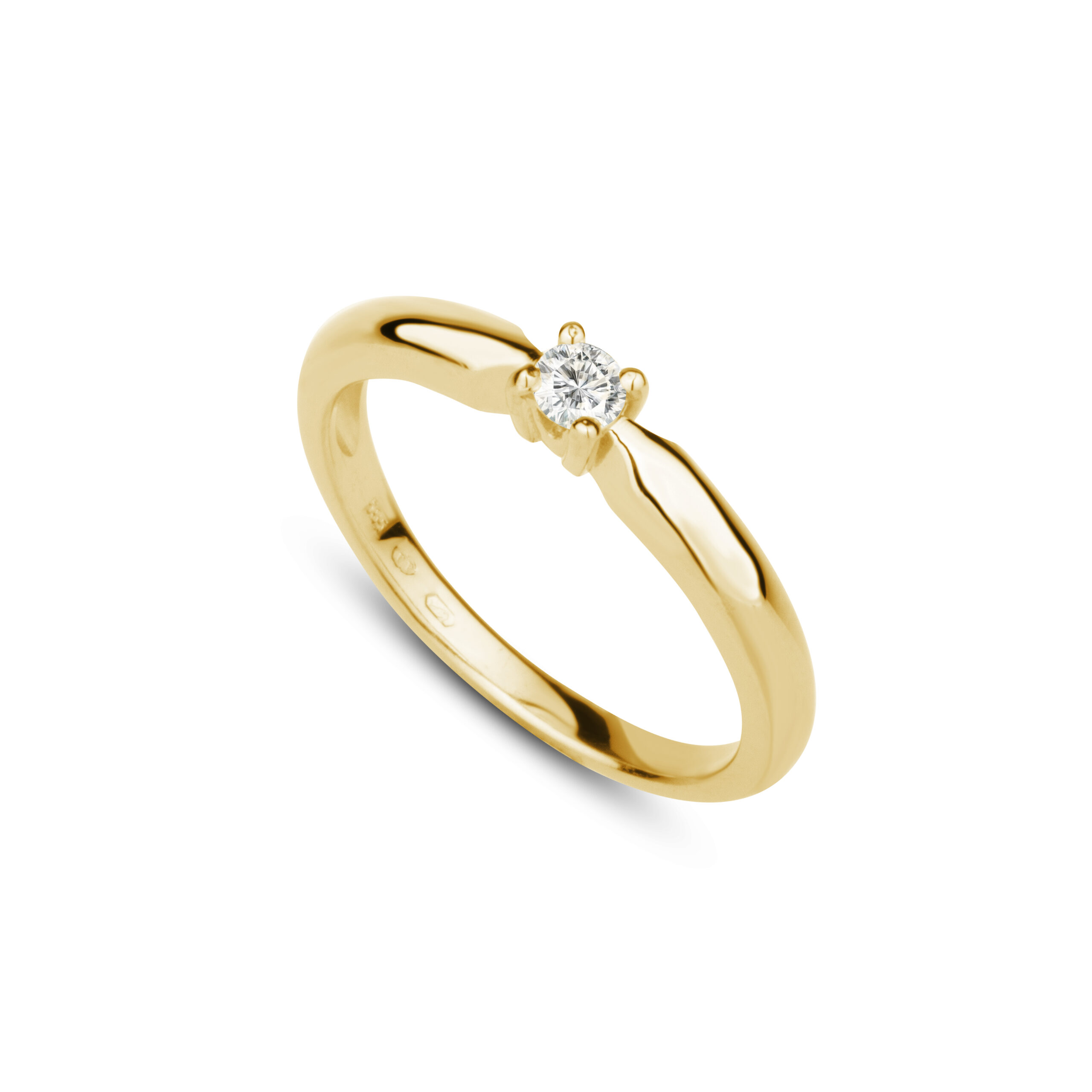 Zásnubní prsten značky FOX® 20 ze žlutého zlata, který je osazený jedním centrálním diamantem briliantového brusu. poloprofil
