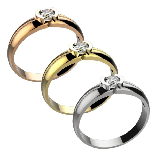 Zásnubní prsten značky FOX® 10 z bílého zlata, který je osazený jedním centrálním diamantem briliantového brusu. tři