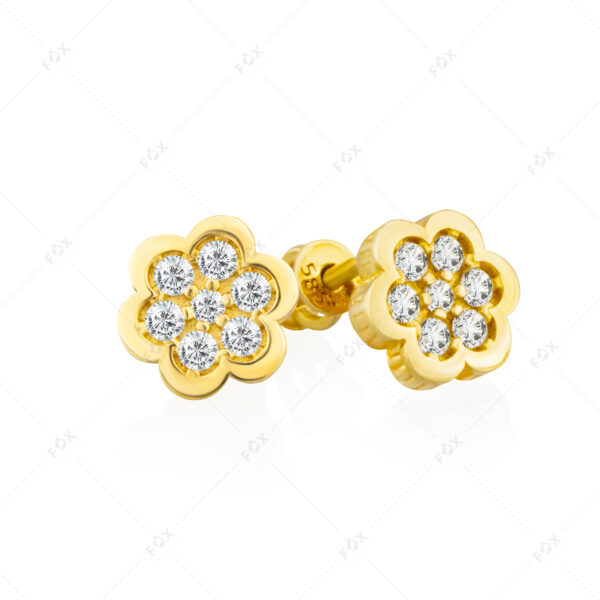 Minimalistické elegantní dětské náušnice ze žlutého zlata ve tvaru křehké sedmikrásky jsou osazeny sedmi krásnými zirkony.