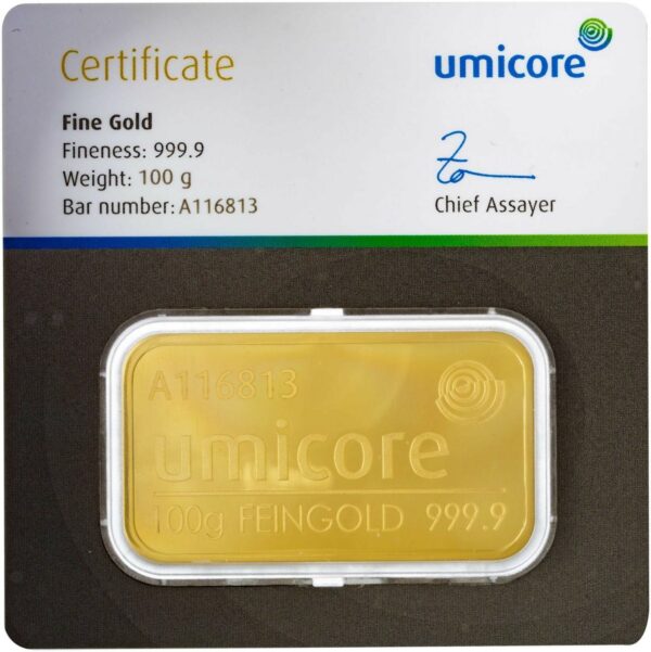 Zlatý slitek 100g Umicore Belgie ražený slitek investiční Belgické zlaté slitky z 24 karátového zlata, certifikované belgickou firmou Umicore, odpovídají londýnskému standardu Good Delivery (LBMA) a jsou proto bez problémů akceptovány na všech trzích. Doklad o certifikaci naleznete na svrchní straně slitku s logem výrobce, dále pak unikátní výrobní číslo s ryzostí kovu a hmotností.